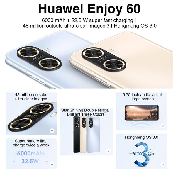 Huawei Enjoy 60 128GB MGA-AL40,  48MP Cameras, China Version, Dual Back Cameras, Face ID & Side Fingerprint Identification, 6000mAh Battery, 6.75 inch HarmonyOS 3.0 Octa Core, Network: 4G, OTG, Not Support Google Play(Black)