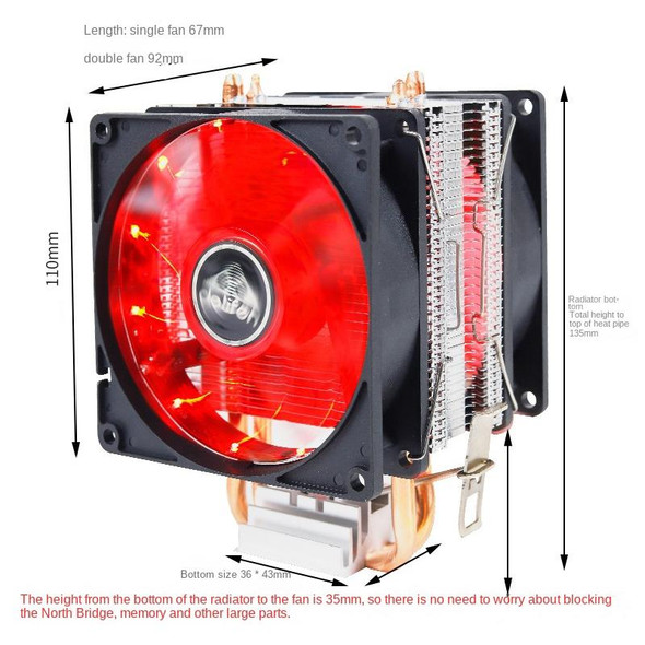 Desktop Computer Double Copper Tube CPU Radiator Super Quiet Blue Light 3-pin Double Fan