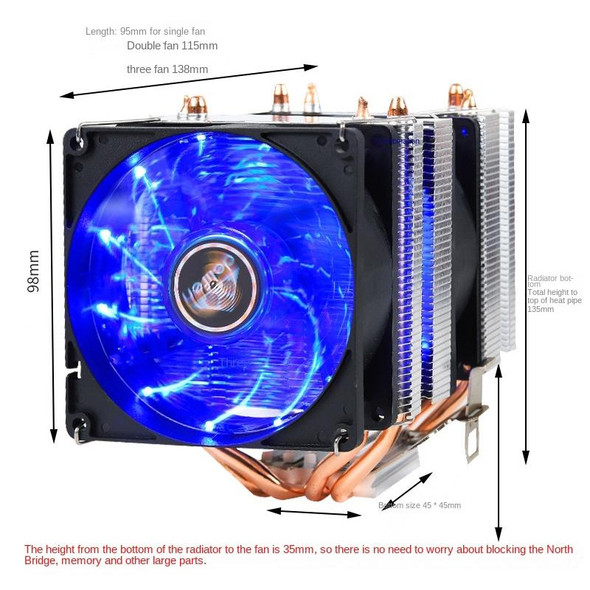 Desktop Computer Double Copper Tube CPU Radiator Super Quiet Color Light 3-pin Single Fan