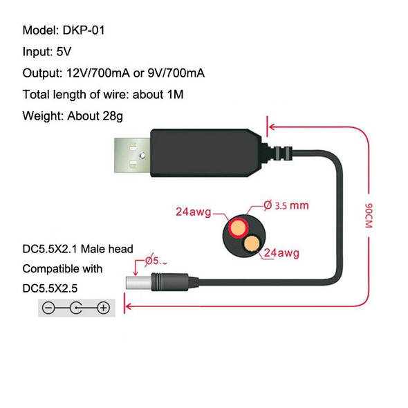 2pcs DC 5V to 9V USB Booster Line Mobile Power Cord