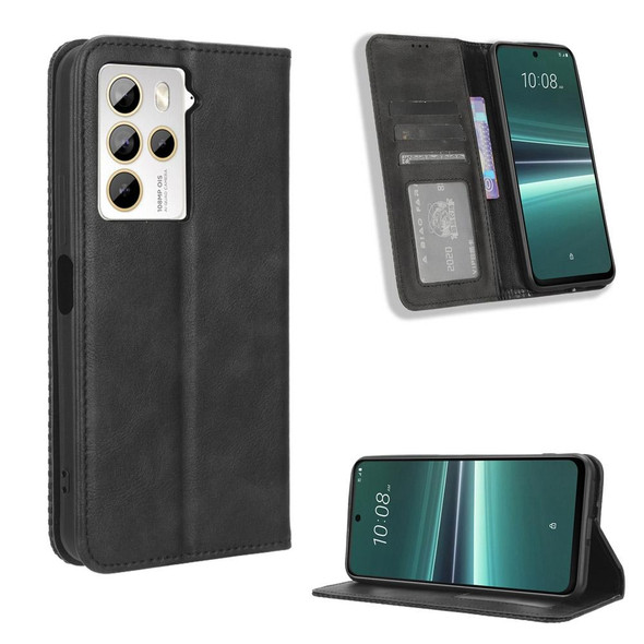 For HTC U23 / U23 Pro Magnetic Buckle Retro Texture Leatherette Phone Case(Black)