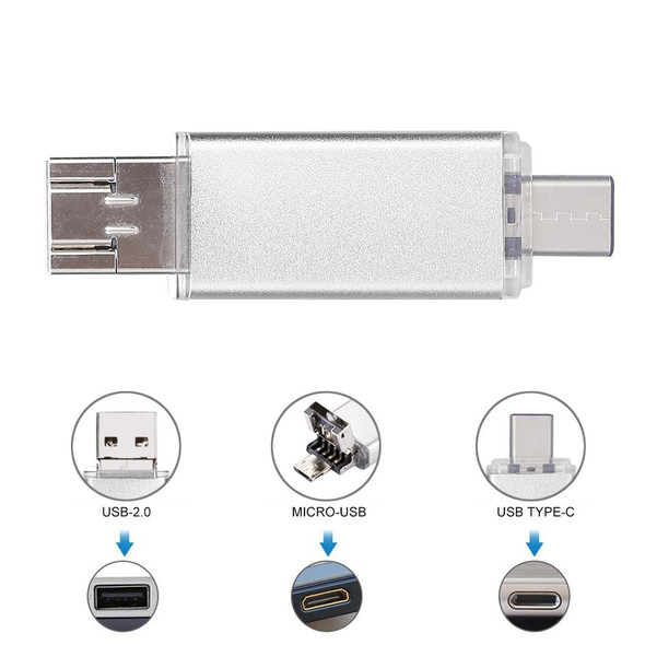 16GB 3 in 1 USB-C / Type-C + USB 2.0 + OTG Flash Disk, For Type-C Smartphones & PC Computer(Silver)