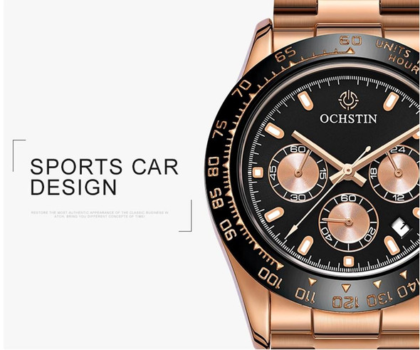 OCHSTIN Augusten 6103B Multi Function Quartz Watch Sports luminous Waterproof Watch Calendar Steel Band Men  Watch(Rose Gold)