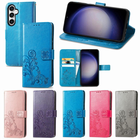 For Samsung Galaxy S23 FE 5G Four-leaf Clasp Embossed Buckle Leatherette Phone Case(Blue)