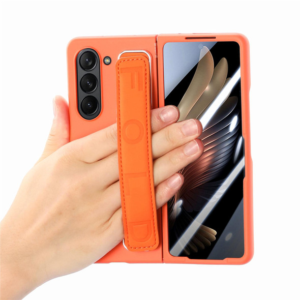 For   Samsung   Galaxy Z Fold5  5G Integrated Wristband Genuine Leatherette Phone Case(Orange)