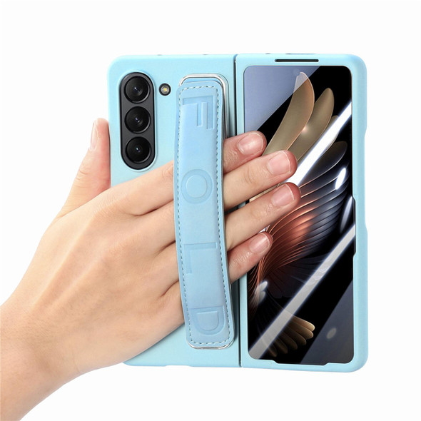 For   Samsung   Galaxy Z Fold5  5G Integrated Wristband Genuine Leatherette Phone Case(Blue)
