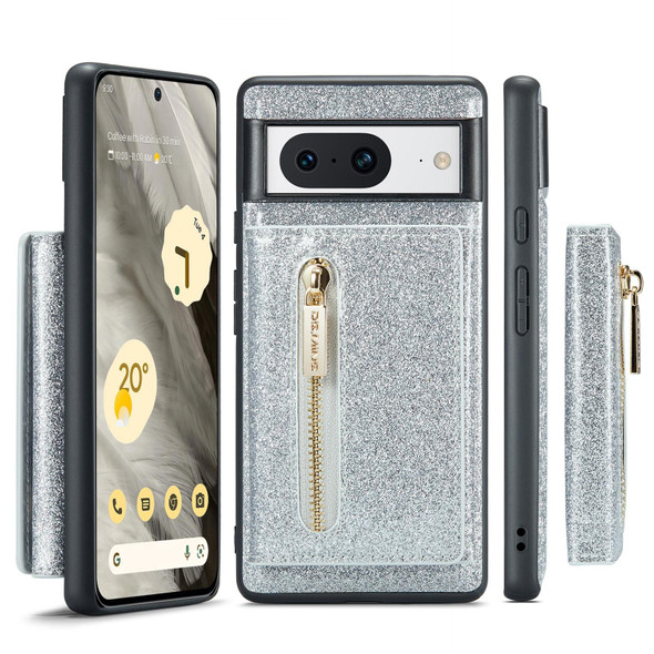 For Google Pixel 8 DG.MING M3 Series Glitter Powder Card Bag Leatherette Case(Silver)