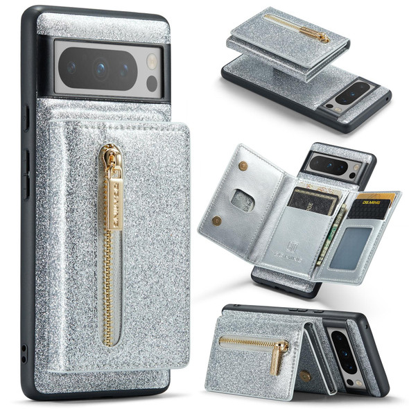 For Google Pixel 8 Pro DG.MING M3 Series Glitter Powder Card Bag Leatherette Case(Silver)