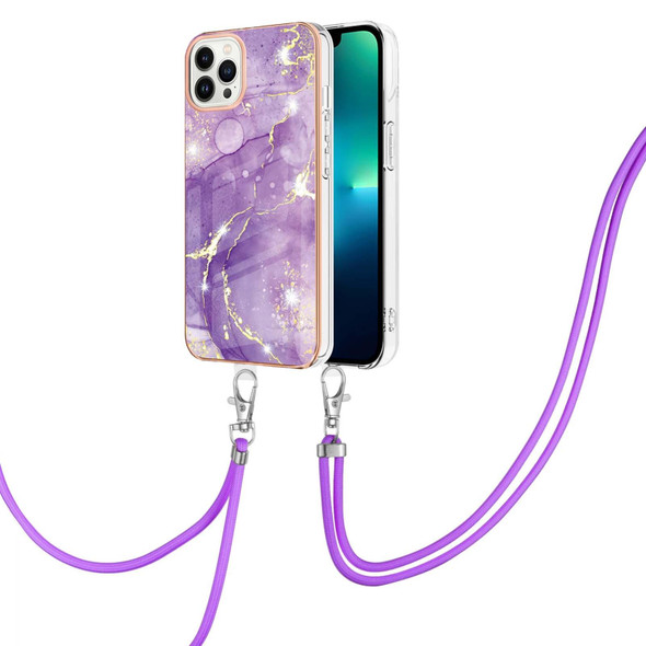 For iPhone 15 Pro Max Electroplating Marble Pattern IMD TPU Shockproof Case with Neck Lanyard(Purple 002)