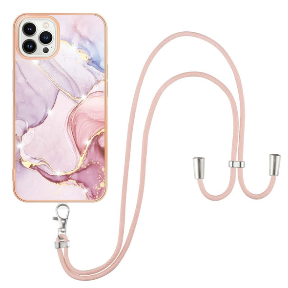 For iPhone 15 Pro Electroplating Marble Pattern IMD TPU Shockproof Case with Neck Lanyard(Rose Gold 005)