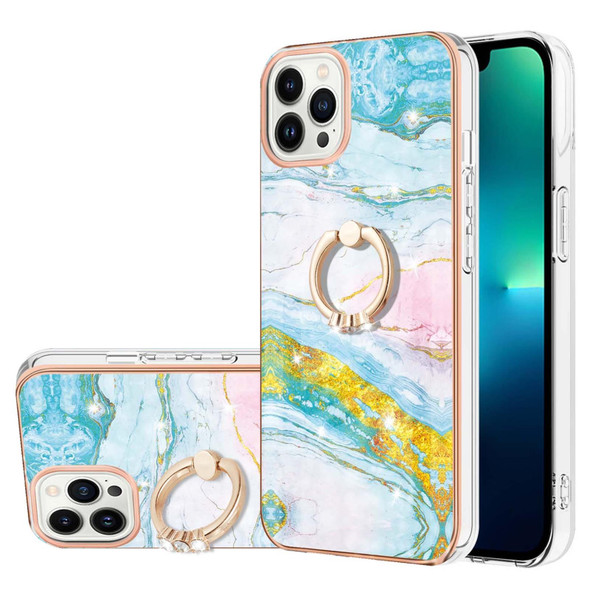 For iPhone 15 Pro Max Electroplating Marble Pattern IMD TPU Shockproof Case with Ring Holder(Green 004)