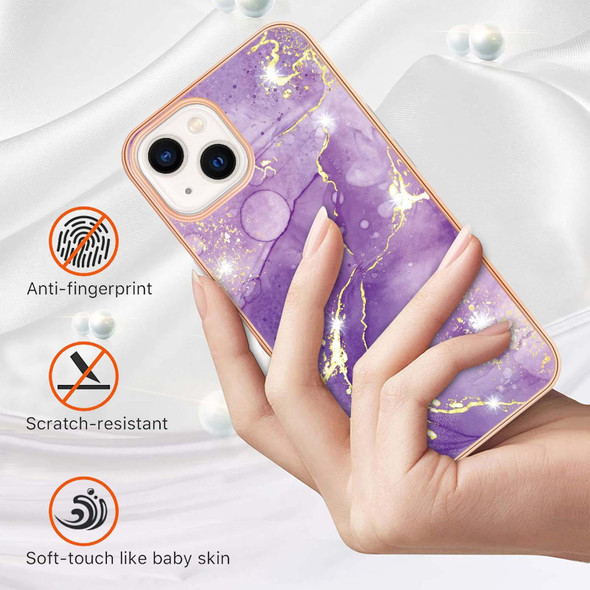 For iPhone 15 Plus Electroplating Marble Pattern Dual-side IMD TPU Shockproof Phone Case(Purple 002)