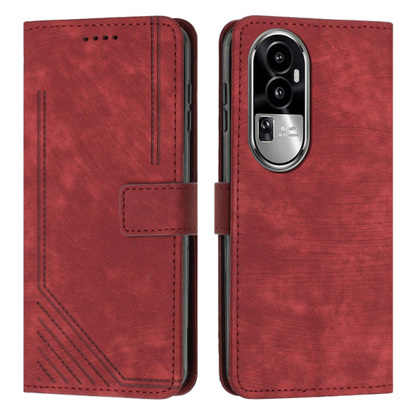 For OPPO Reno10 5G Global/Reno10 Pro 5G Global Skin Feel Stripe Pattern Leatherette Phone Case with Lanyard(Red)