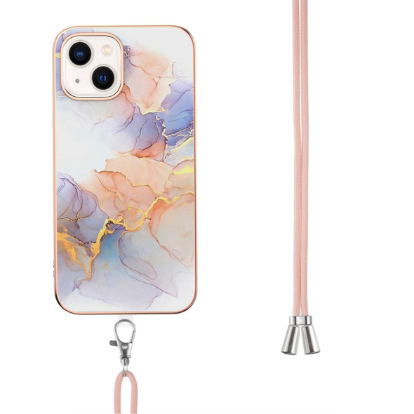 For iPhone 15 Electroplating Pattern IMD TPU Shockproof Case with Neck Lanyard(Milky Way White Marble)