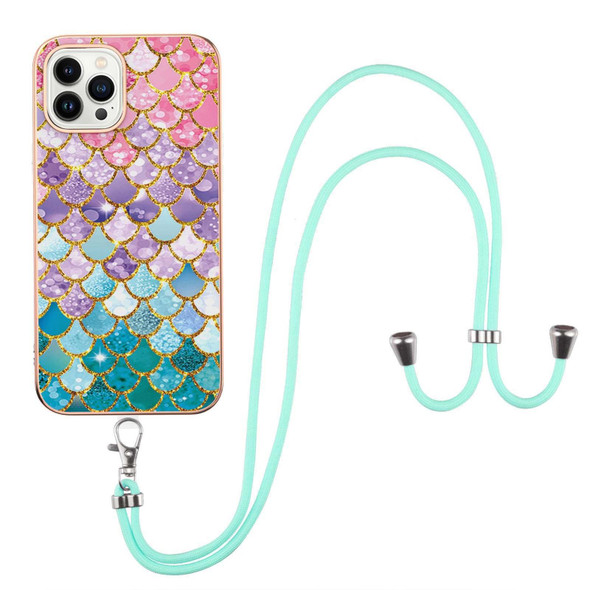 For iPhone 15 Pro Max Electroplating Pattern IMD TPU Shockproof Case with Neck Lanyard(Colorful Scales)