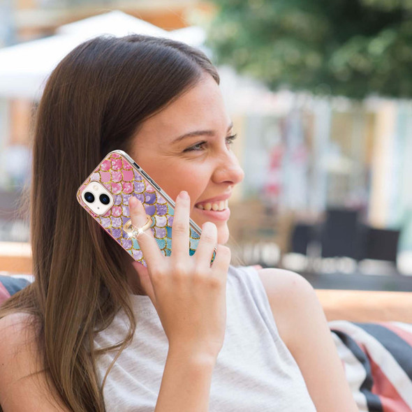 For iPhone 15 Electroplating Pattern IMD TPU Shockproof Case with Rhinestone Ring Holder(Colorful Scales)