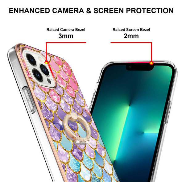 For iPhone 15 Pro Electroplating Pattern IMD TPU Shockproof Case with Rhinestone Ring Holder(Colorful Scales)