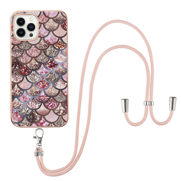 For iPhone 15 Pro Max Electroplating Pattern IMD TPU Shockproof Case with Neck Lanyard(Pink Scales)