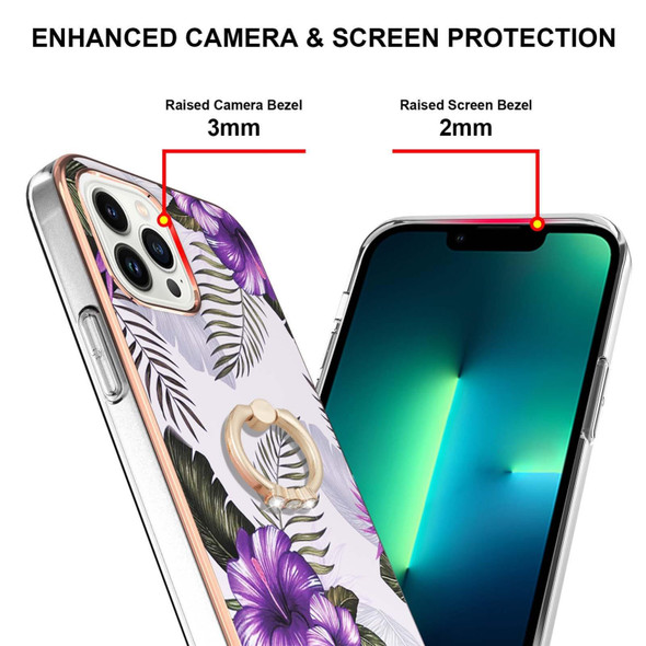 For iPhone 15 Pro Electroplating Pattern IMD TPU Shockproof Case with Rhinestone Ring Holder(Purple Flower)