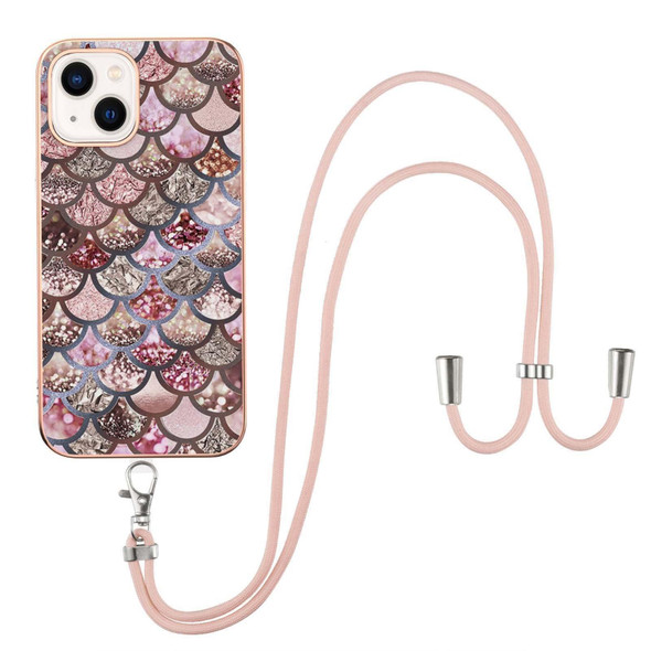 For iPhone 15 Plus Electroplating Pattern IMD TPU Shockproof Case with Neck Lanyard(Pink Scales)