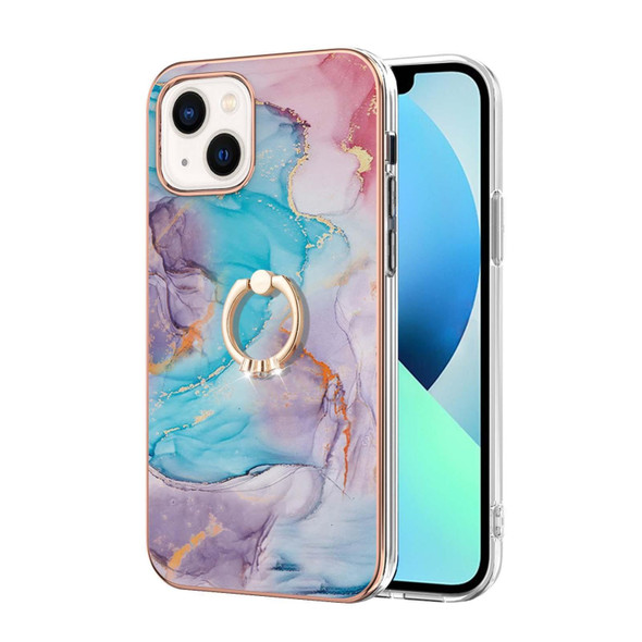 For iPhone 15 Electroplating Pattern IMD TPU Shockproof Case with Rhinestone Ring Holder(Milky Way Blue Marble)