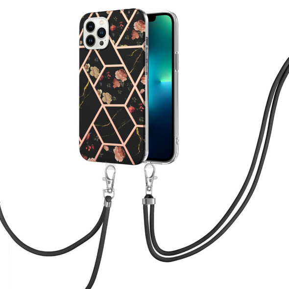 For iPhone 15 Pro Max Electroplating Splicing Marble Flower Pattern TPU Shockproof Case with Lanyard(Black Flower)