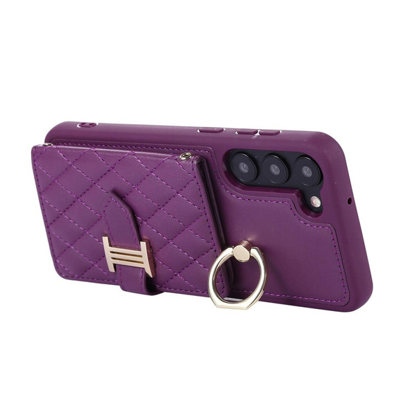 For Samsung Galaxy S22 5G Horizontal Card Bag Ring Holder Phone Case with Dual Lanyard(Dark Purple)