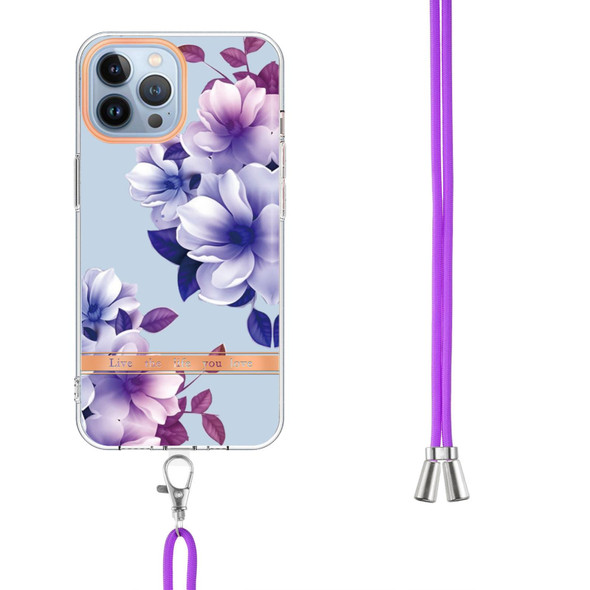 For iPhone 15 Pro Max Flowers and Plants Series IMD TPU Phone Case with Lanyard(Purple Begonia)