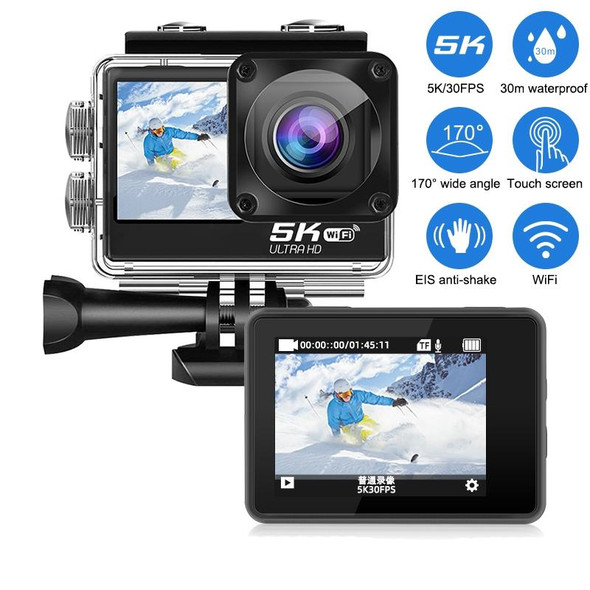 5K/30FPS WIFI HD Anti-Shake Remote Touch Dual-Screen IP68 Waterproof Sports Camera, Style: Black