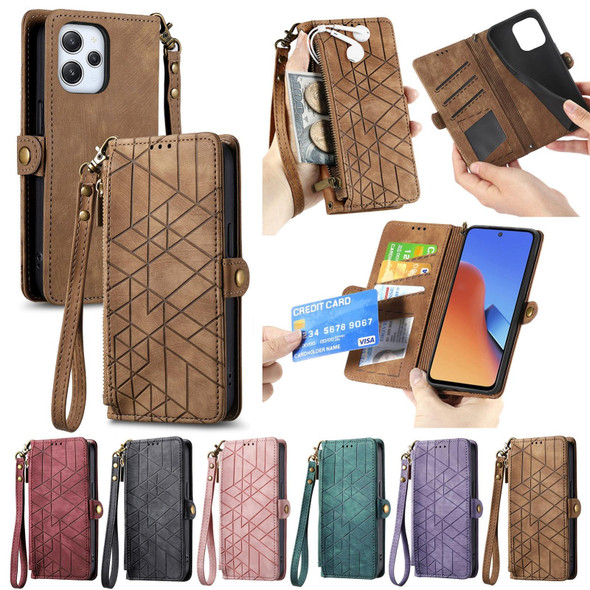 For Xiaomi Redmi 12C Geometric Zipper Wallet Side Buckle Leather Phone Case(Brown)