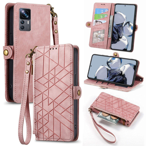 For Xiaomi 12T / 12T Pro Geometric Zipper Wallet Side Buckle Leather Phone Case(Pink)