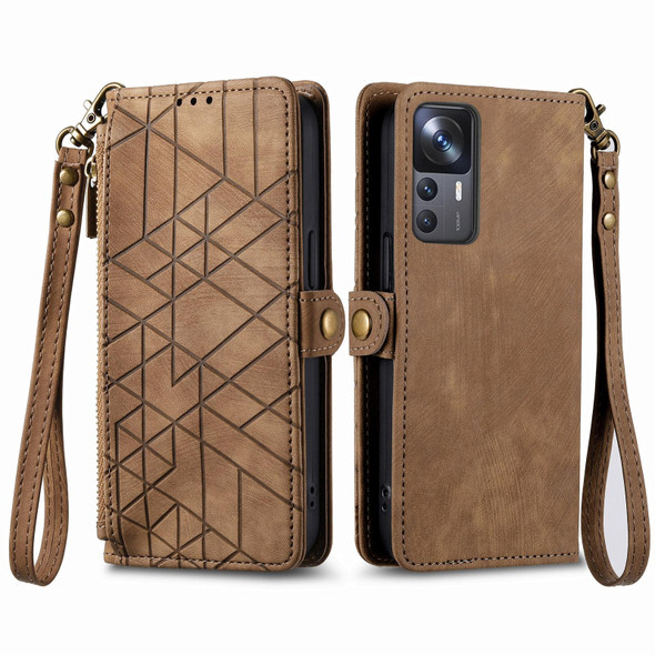 For Xiaomi 12T / 12T Pro Geometric Zipper Wallet Side Buckle Leather Phone Case(Brown)