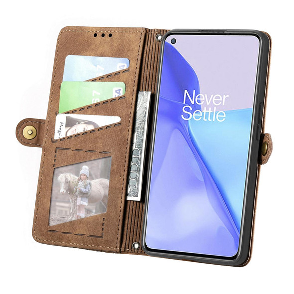 For OnePlus 10 Pro 5G Geometric Zipper Wallet Side Buckle Leatherette Phone Case(Brown)