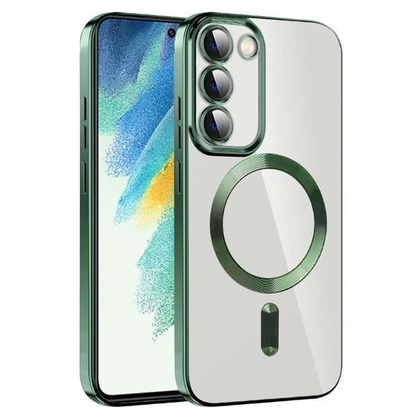 For Samsung Galaxy S21 FE 5G CD Texture Plating TPU MagSafe Phone Case with Lens Film(Dark Green)