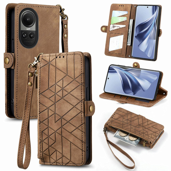 For OPPO Reno10 / 10 Pro Global Geometric Zipper Wallet Side Buckle Leatherette Phone Case(Brown)