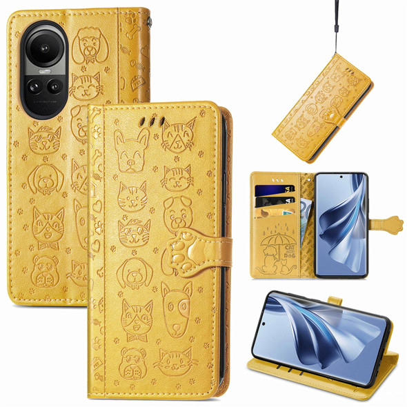 For OPPO Reno10 Global / 10 Pro Global Cat and Dog Embossed Leatherette Phone Case(Yellow)