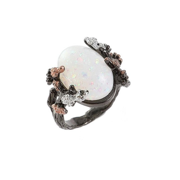 Woman Vintage Black Gold Color Ring White Fire Opal Flower Rings Size:10