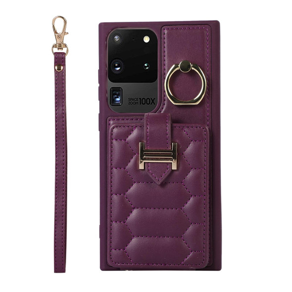 For Samsung Galaxy S20 Ultra Vertical Card Bag Ring Holder Phone Case with Dual Lanyard(Dark Purple)