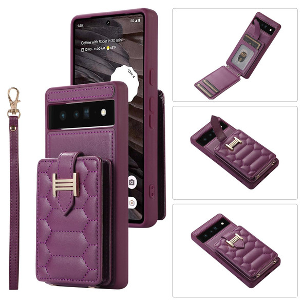 For Google Pixel 6 Pro Vertical Card Bag Ring Holder Phone Case with Dual Lanyard(Dark Purple)