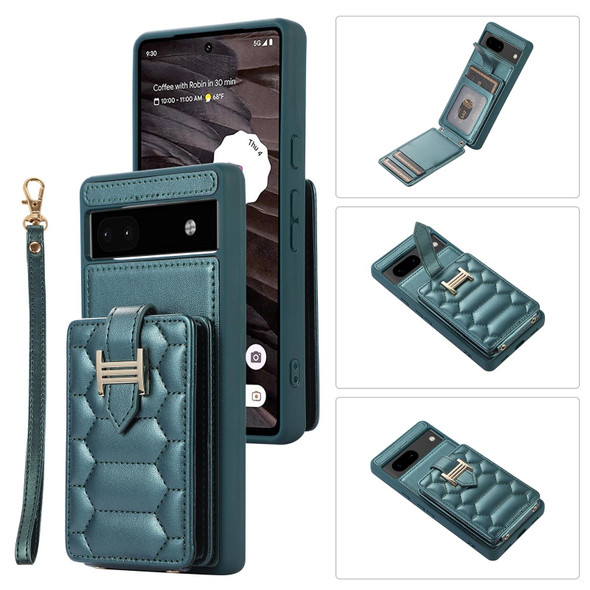 For Google Pixel 6a Vertical Card Bag Ring Holder Phone Case with Dual Lanyard(Dark Green)