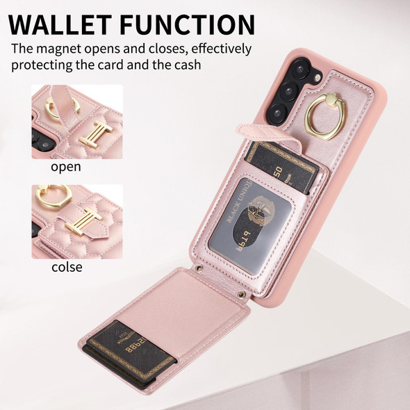 For Samsung Galaxy S22 5G Vertical Card Bag Ring Holder Phone Case with Dual Lanyard(Rose Gold)