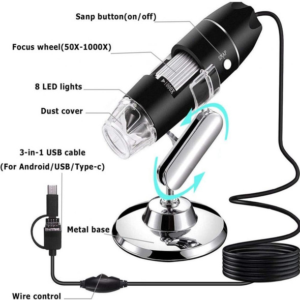 1600X Magnifier HD Image Sensor 3 in 1 USB Digital Microscope with 8 LED & Professional Stand (Grey)