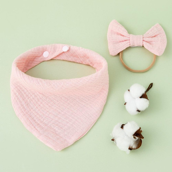 Baby Cotton Gauze Drool Towel + Bow Hairband Set Baby Bibs(Light Pink)
