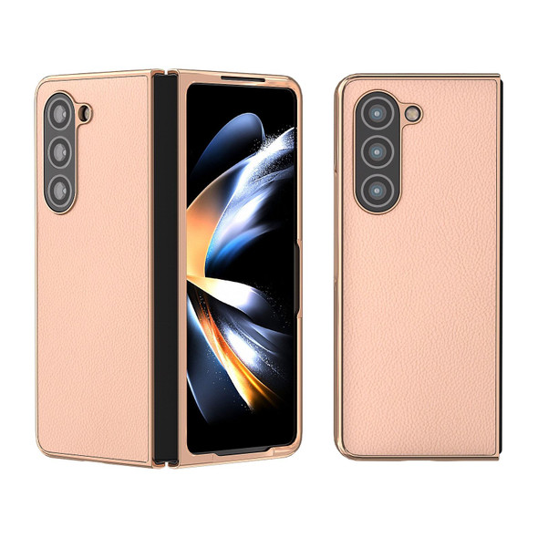 For Samsung Galaxy Z Fold5 Nano Electroplating Genuine Leatherette + PC Litchi Texture Phone Case(Pink Gold)