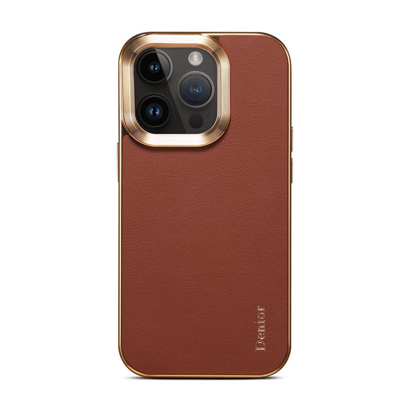 For iPhone 13 Pro Max Denior Cowhide Leatherette Plating Phone Case(Brown)