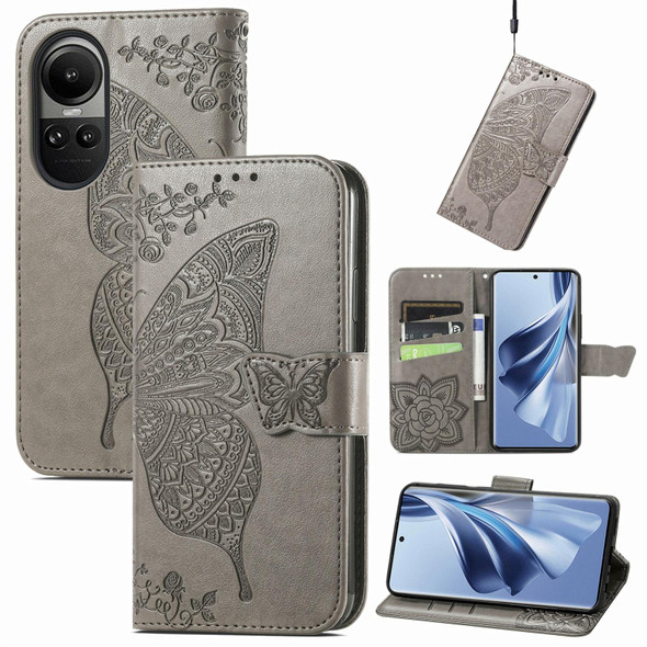 For OPPO Reno10 / 10 Pro Global Butterfly Love Flower Embossed Leatherette Phone Case(Grey)