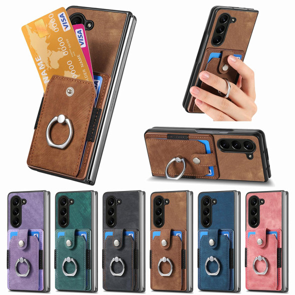 For  Samsung Galaxy Z Fold5 5G Retro Skin-feel Ring Multi-card Wallet Phone Case(Black)