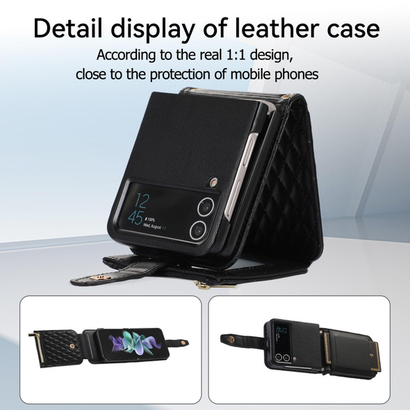 For Samsung Galaxy Z Flip4 Crossbody Diamond Lattice Folding Leatherette Phone Case(Black)