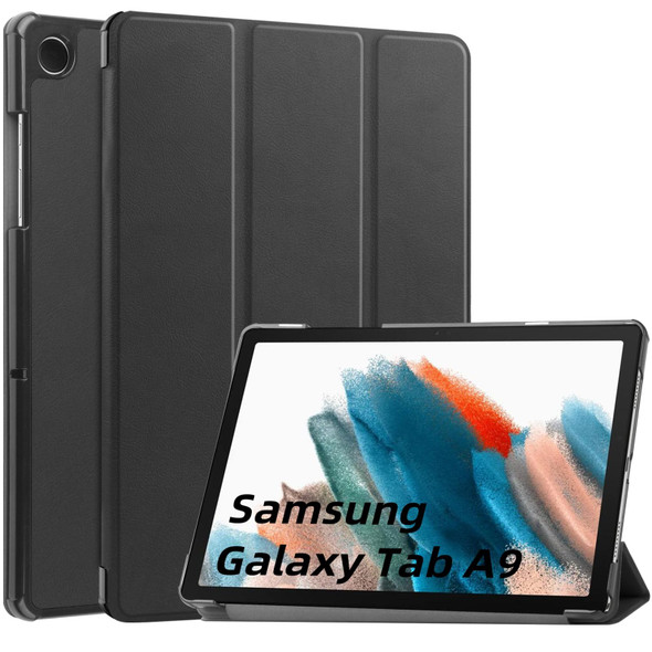 For Samsung Galaxy Tab A9 Custer Pure Color 3-Fold Holder Leatherette Tablet Case(Black)