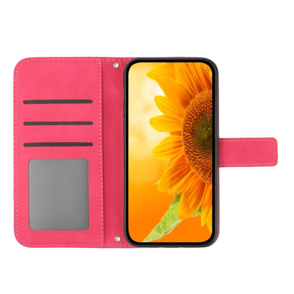 For Motorola Moto G14 HT04 Skin Feel Sun Flower Embossed Flip Leatherette Phone Case with Lanyard(Rose Red)
